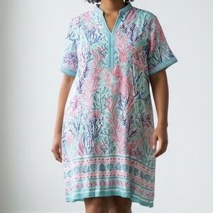 Rezobay Resort Luxury Wear Pink Blue Coral Sea Life Tunic Dress Womens 4X beach